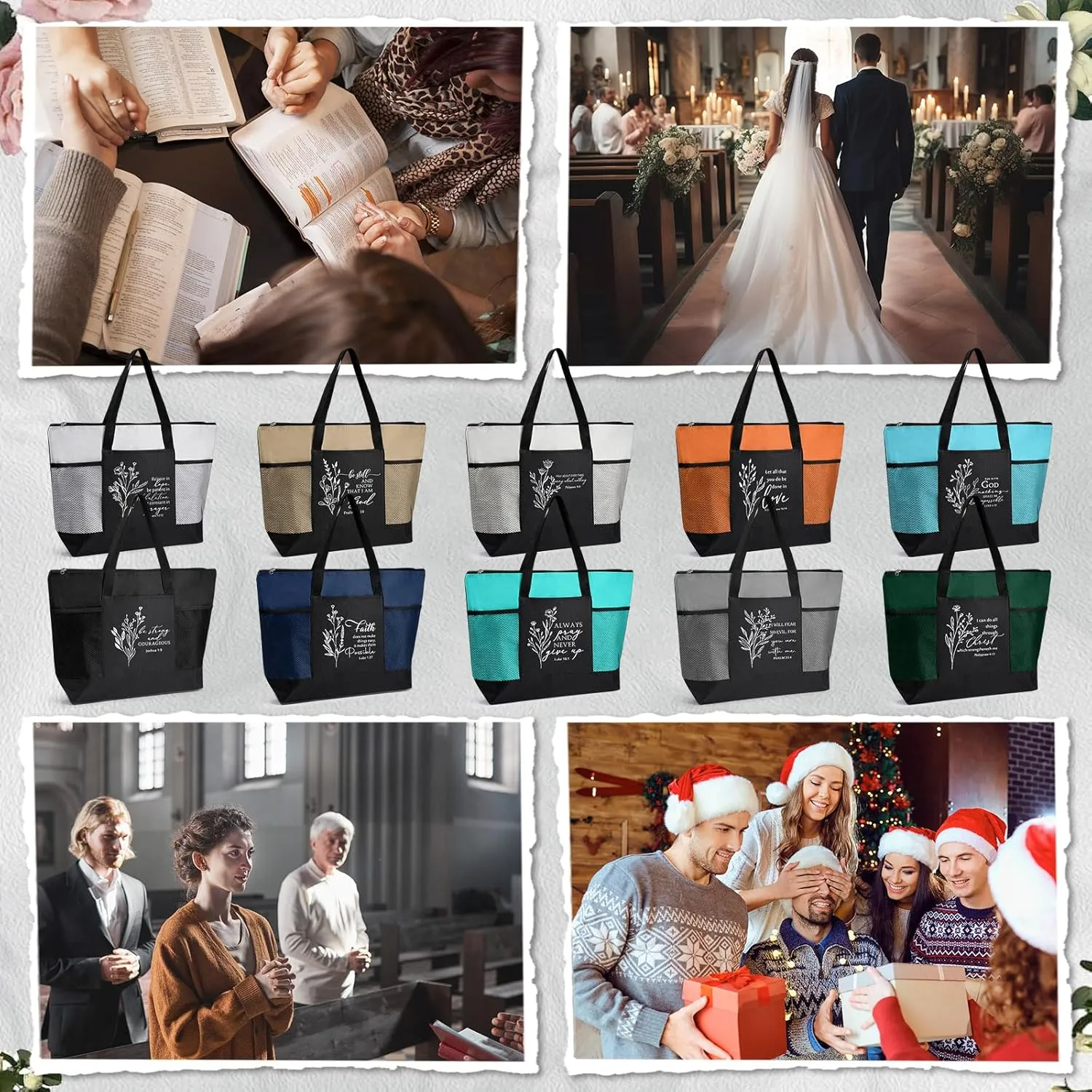 Paterr 10 Pcs Christian Tote Bags Bulk with Pocket Zipper for Women Bible Study Group Religious Church Gifts