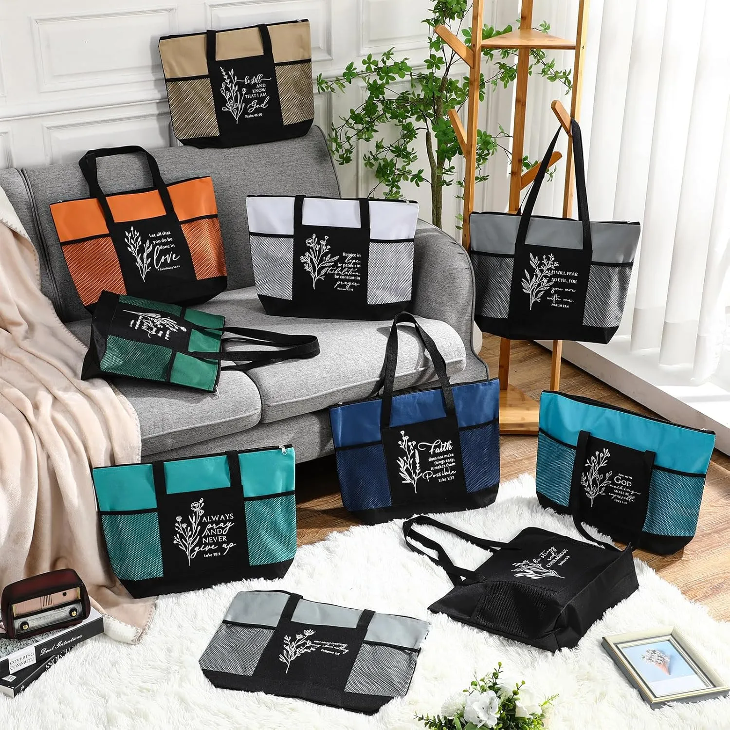 Paterr 10 Pcs Christian Tote Bags Bulk with Pocket Zipper for Women Bible Study Group Religious Church Gifts
