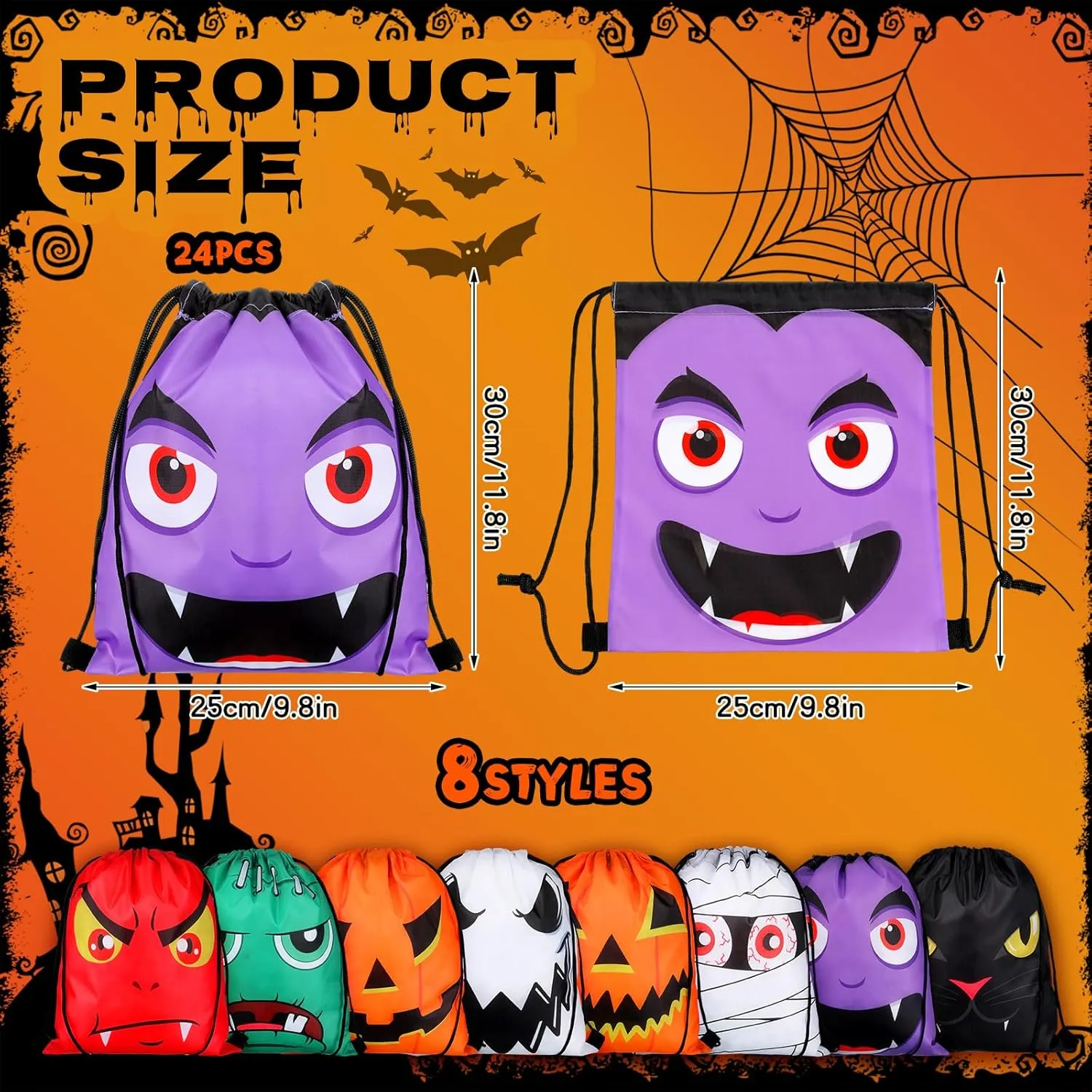 Paterr 24 Pcs Halloween Drawstring Bags Bulk Pumpkin Backpack Halloween Folding String Sack Bags for Teens Travel Gym Sports Birthday Party Supplies Gifts, 8 Styles(Cute Style)