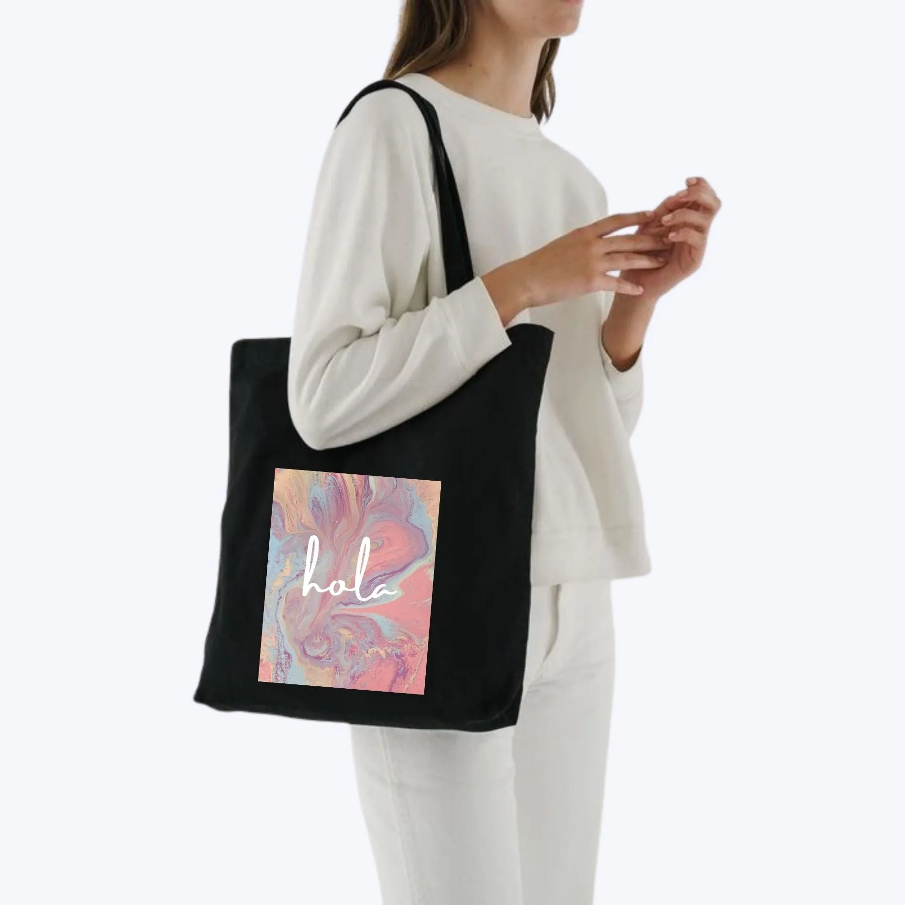 Peach Blossom Women's Cotton Printed Tote Bag With Zipper and Pouch