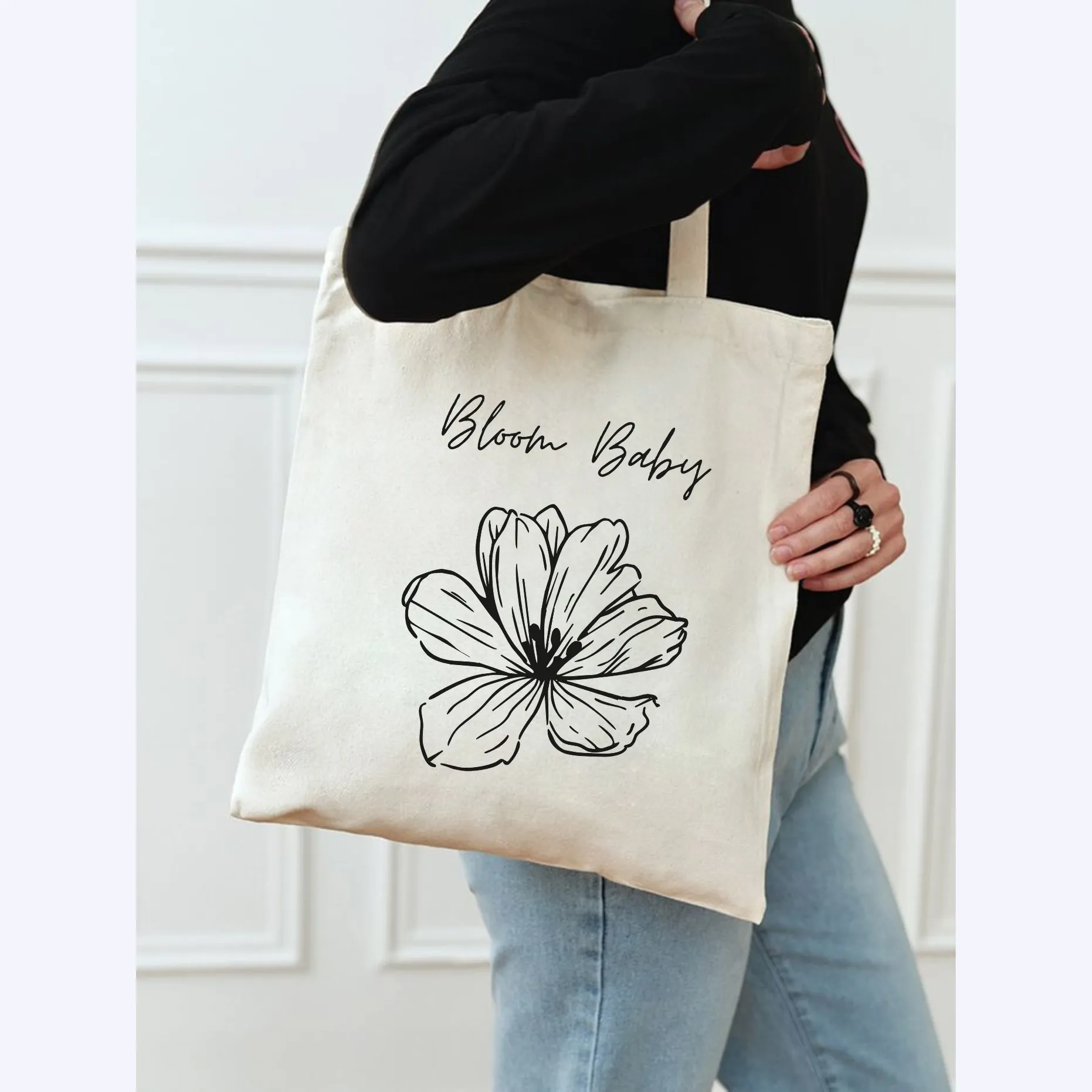 Peach Blossom Women's Cotton Printed Tote Bag With Zipper and Pouch