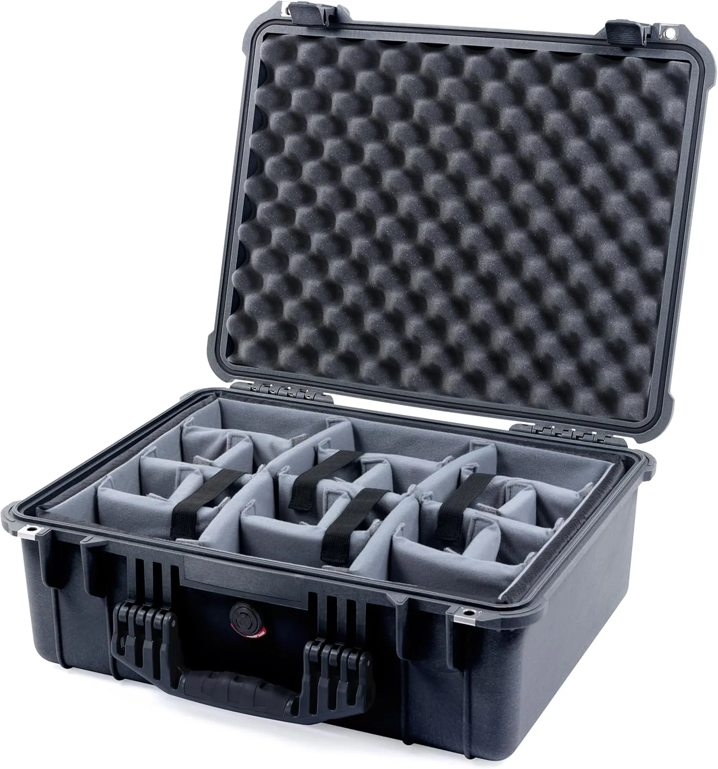 Pelican 1550 Case by ColorCase - Black - Medium Size Waterproof Case with Grey Padded Dividers & Convoluted Lid Foam - Black Handles & Latches