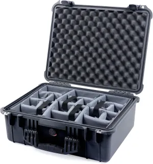 Pelican 1550 Case by ColorCase - Black - Medium Size Waterproof Case with Grey Padded Dividers & Convoluted Lid Foam - Black Handles & Latches
