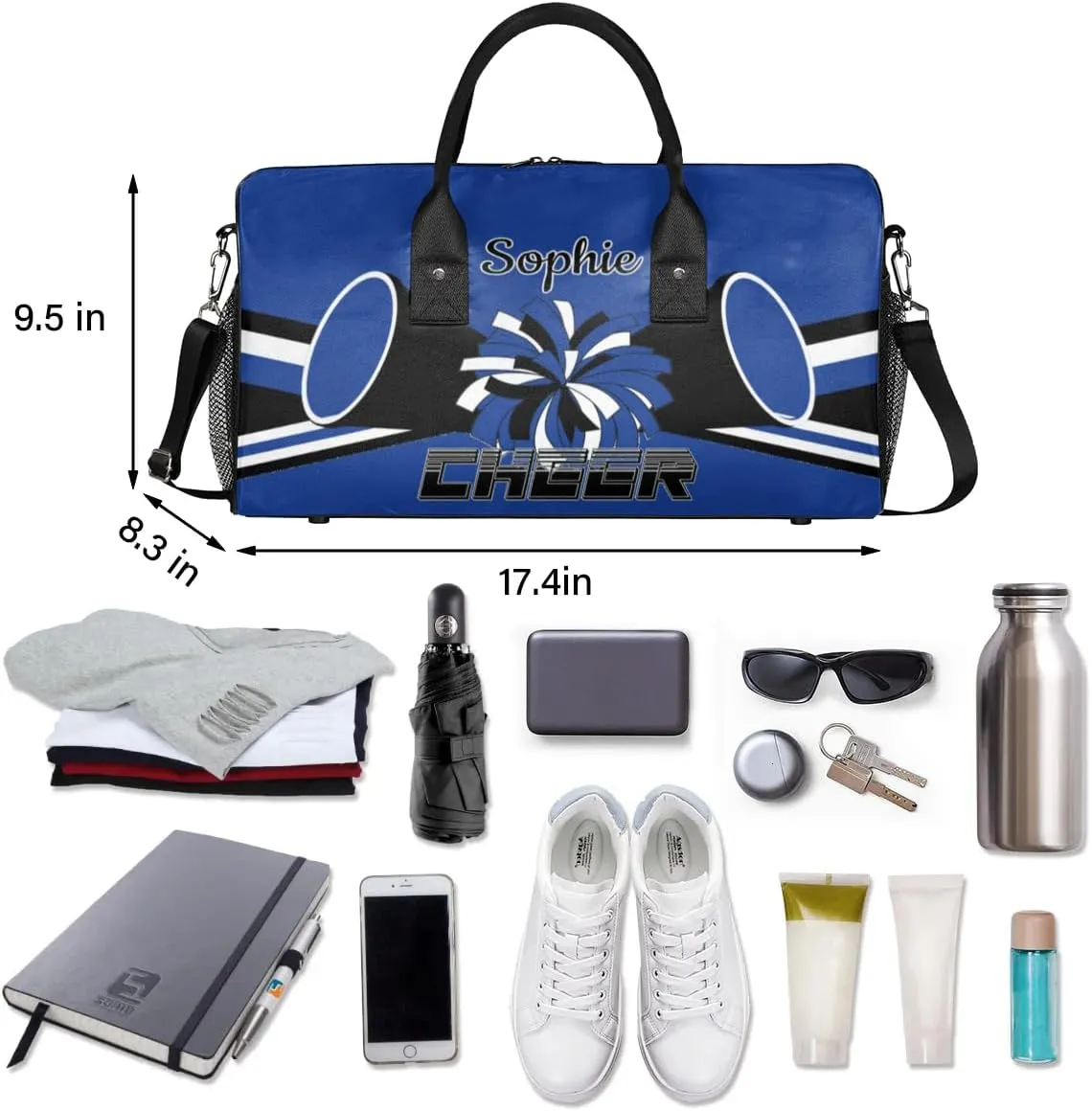 Personalized Cheer Bags for Cheerleaders Custom Sport Duffel Bag Gym Bag Travel Duffle Bag, Cobalt Blue Overnight Weekender Bag with Name