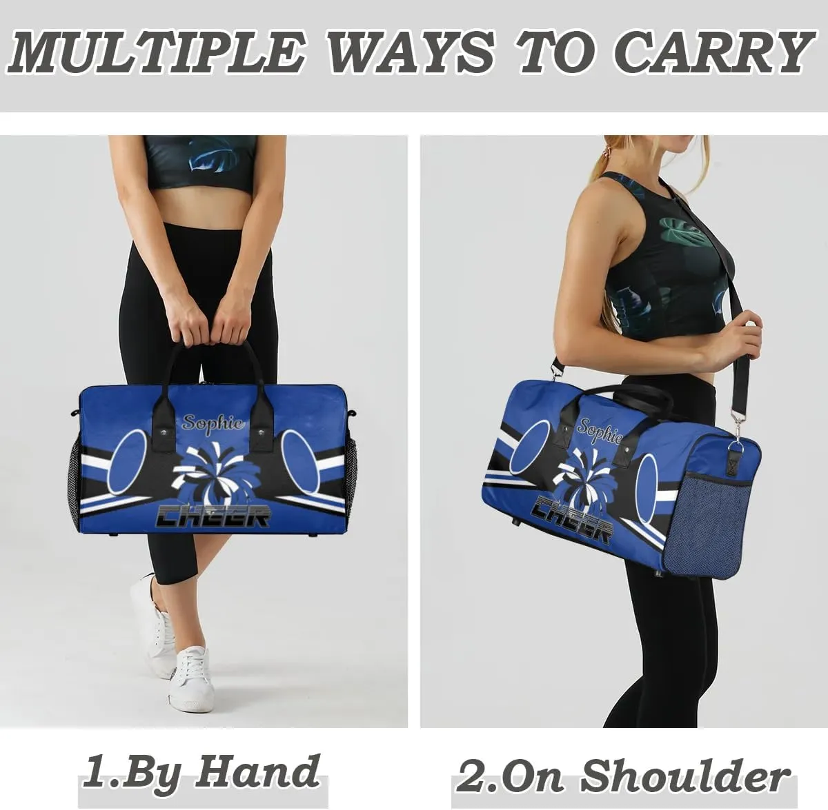 Personalized Cheer Bags for Cheerleaders Custom Sport Duffel Bag Gym Bag Travel Duffle Bag, Cobalt Blue Overnight Weekender Bag with Name