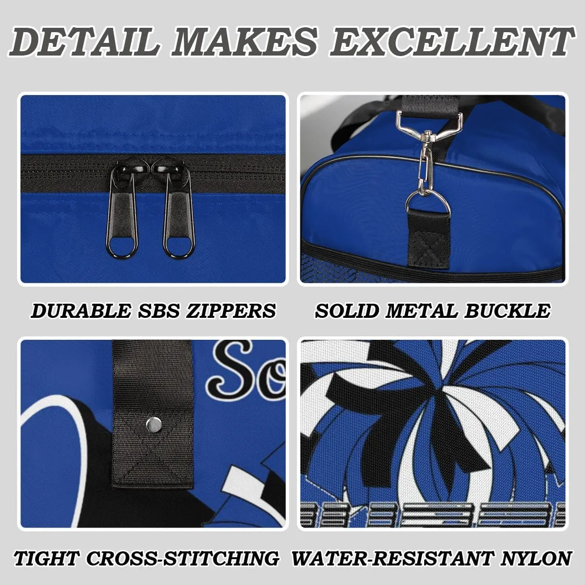 Personalized Cheer Bags for Cheerleaders Custom Sport Duffel Bag Gym Bag Travel Duffle Bag, Cobalt Blue Overnight Weekender Bag with Name