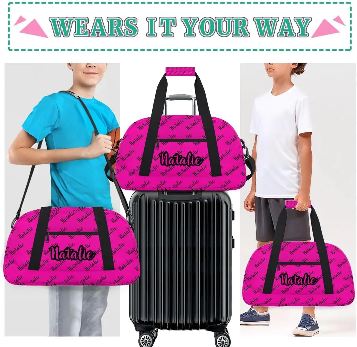 Personalized Dance Bag Duffel Bag for Girl & Boy, Custom Sport Gym Bag Ballet Bag Weekender Bags Travel Bag Name Hot Pink Black, Option 16, SDP1113