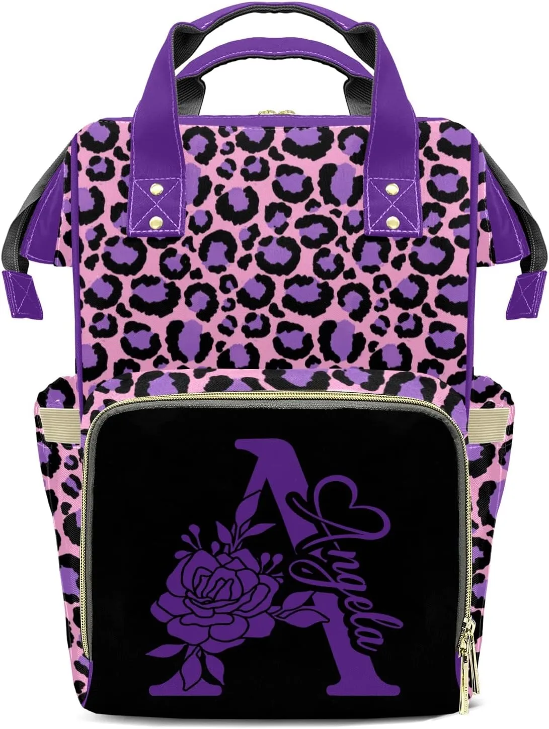 Personalized Leopard Print Diaper Bags Backpack Custom Text Bag Gifts for Mother Father Pink Purple