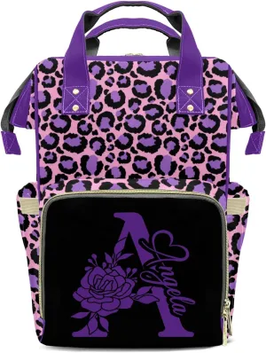 Personalized Leopard Print Diaper Bags Backpack Custom Text Bag Gifts for Mother Father Pink Purple