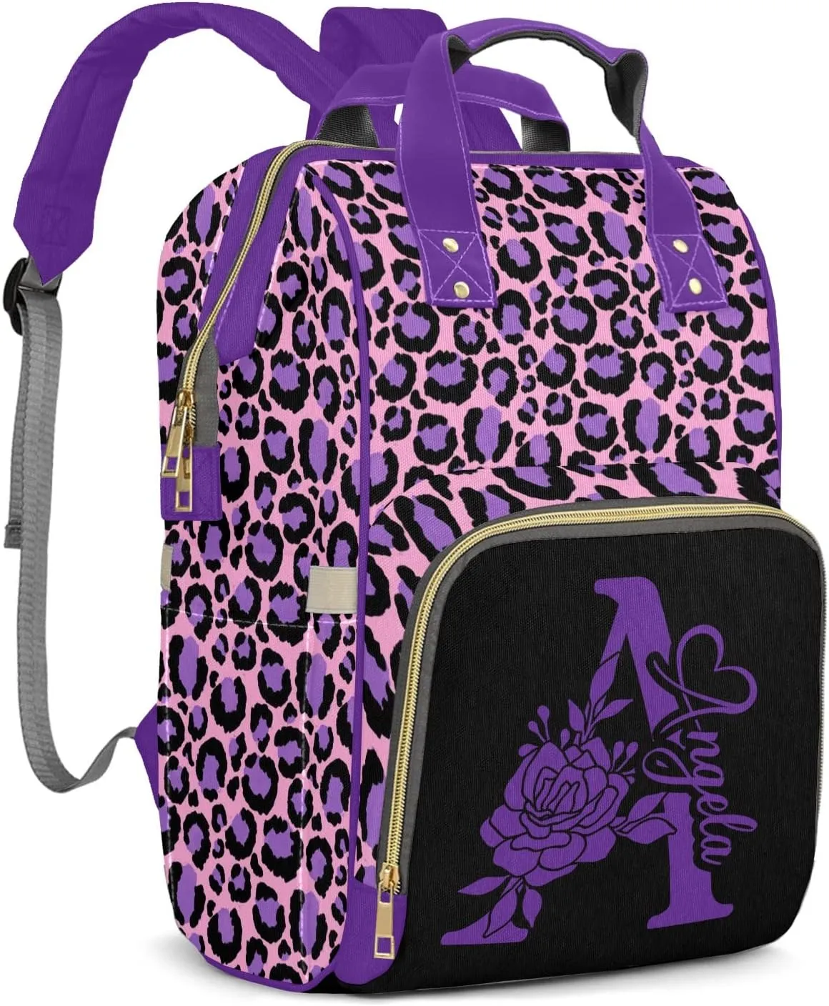 Personalized Leopard Print Diaper Bags Backpack Custom Text Bag Gifts for Mother Father Pink Purple