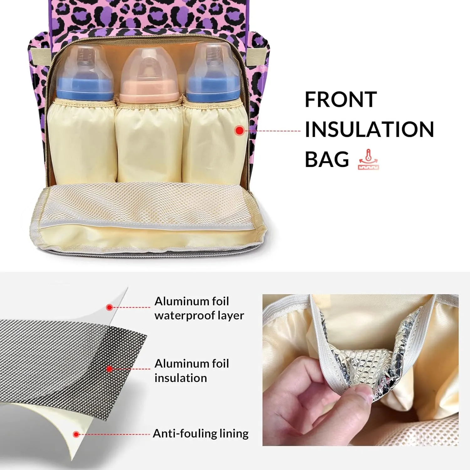 Personalized Leopard Print Diaper Bags Backpack Custom Text Bag Gifts for Mother Father Pink Purple