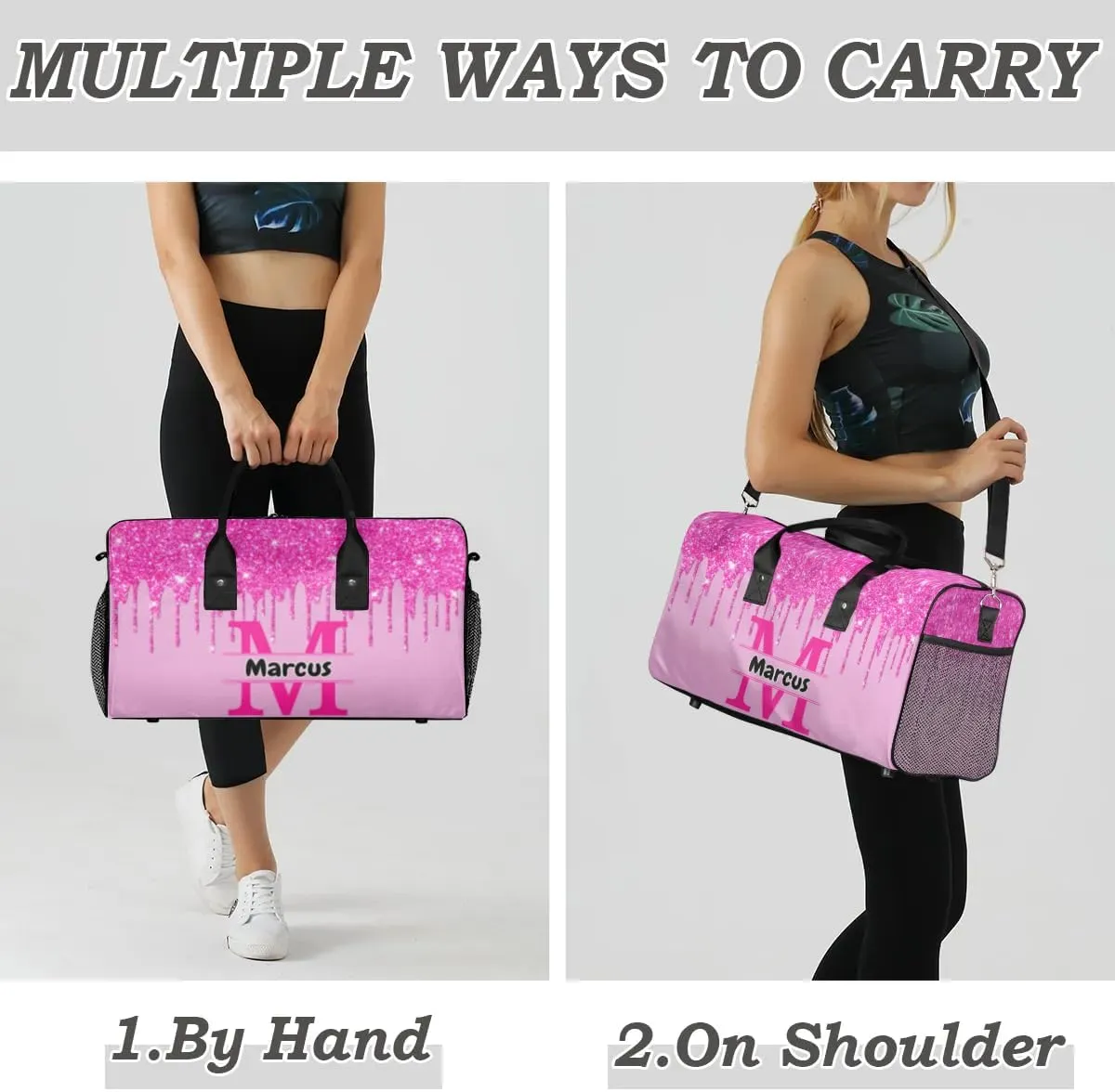 Personalized Name Sports Bag Travel Duffel Bags, Custom Initial Gym Bag for Adults, Overnight Weekend Bags, Dance Bag, Personalized Gifts, Pink