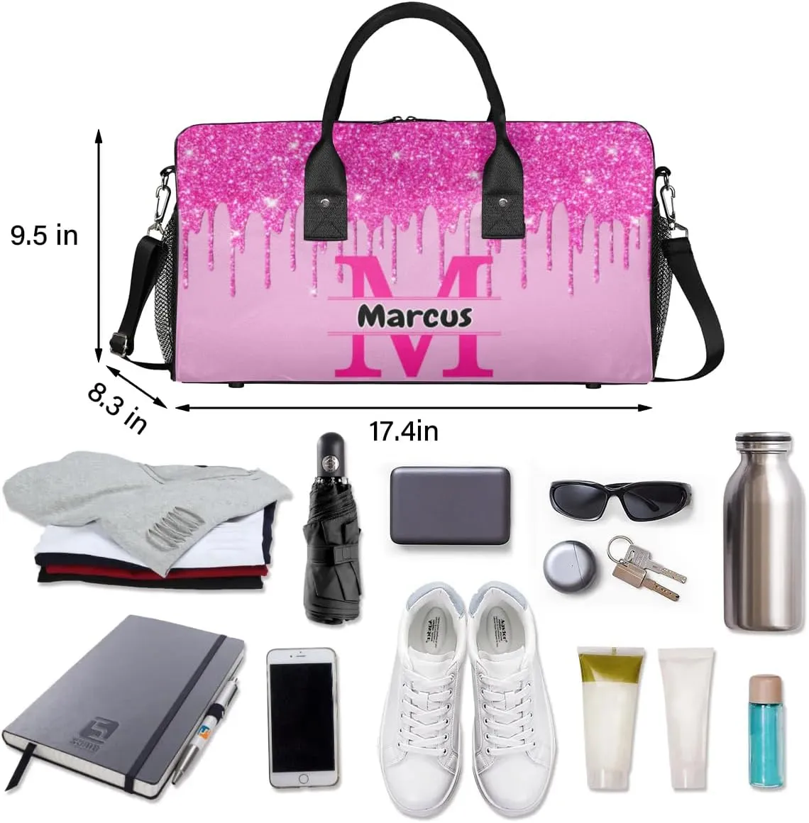 Personalized Name Sports Bag Travel Duffel Bags, Custom Initial Gym Bag for Adults, Overnight Weekend Bags, Dance Bag, Personalized Gifts, Pink
