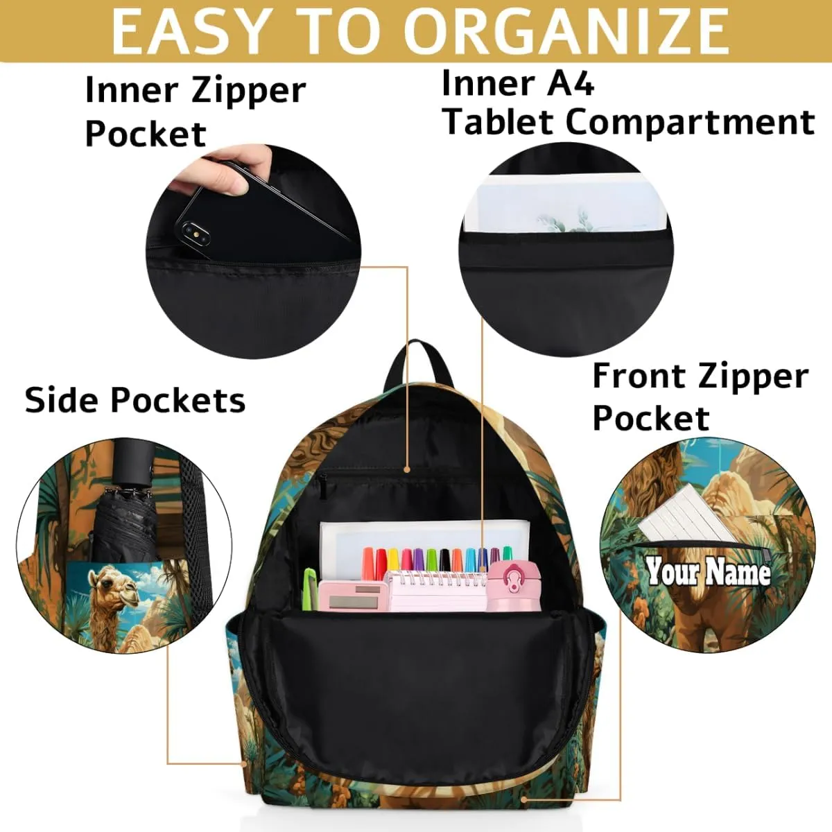 Personalized Tropical Camels Preschool Toddler Backpack for Boys Girls Custom Kids Name Small Bookbags Kindergarten Elementary Backpack, Animal