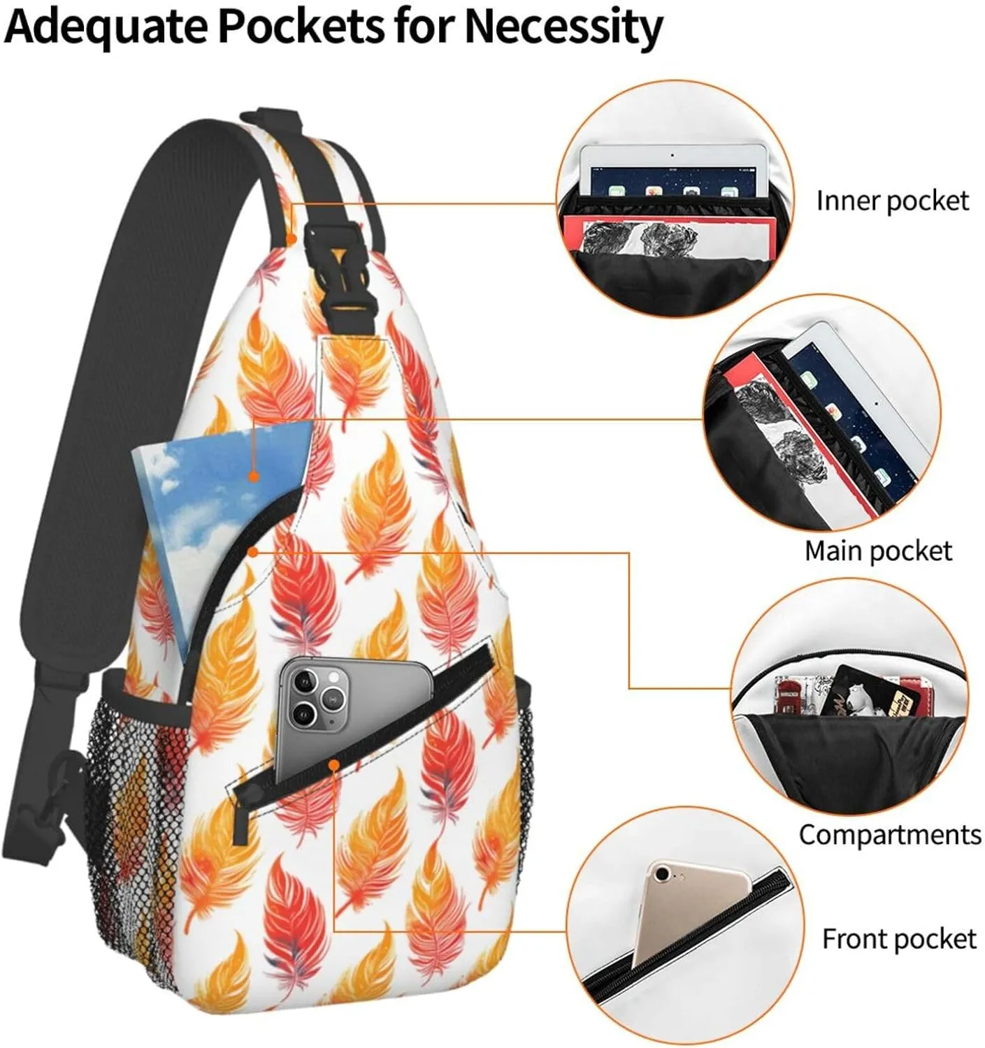 Phoenix Feather Backpack Travel Hiking Daypack Chest Bags Crossbody Shoulder Bag
