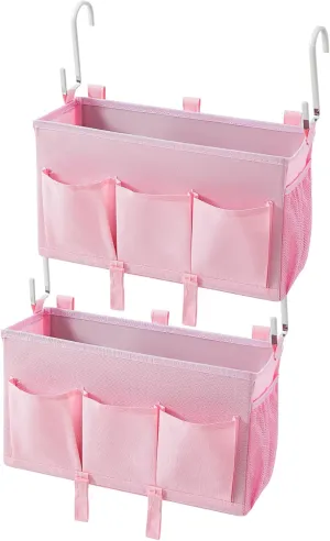 Pink Bedside Organizer Caddy - Over-the-Bed Storage with 3 Pockets and Mesh Side Pocket, Perfect for College Dorms, Hospital Beds, and Home Use, 2 Pack