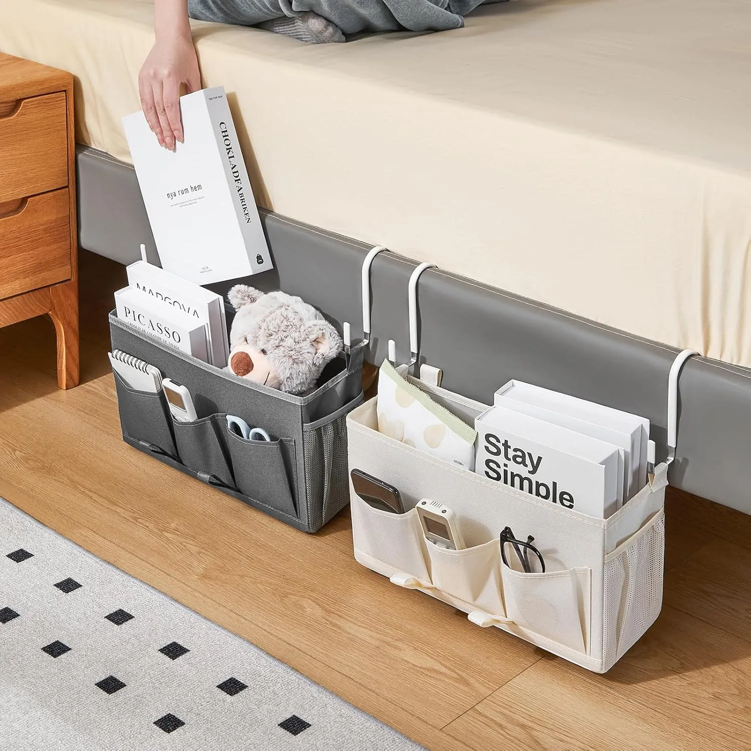 Pink Bedside Organizer Caddy - Over-the-Bed Storage with 3 Pockets and Mesh Side Pocket, Perfect for College Dorms, Hospital Beds, and Home Use, 2 Pack