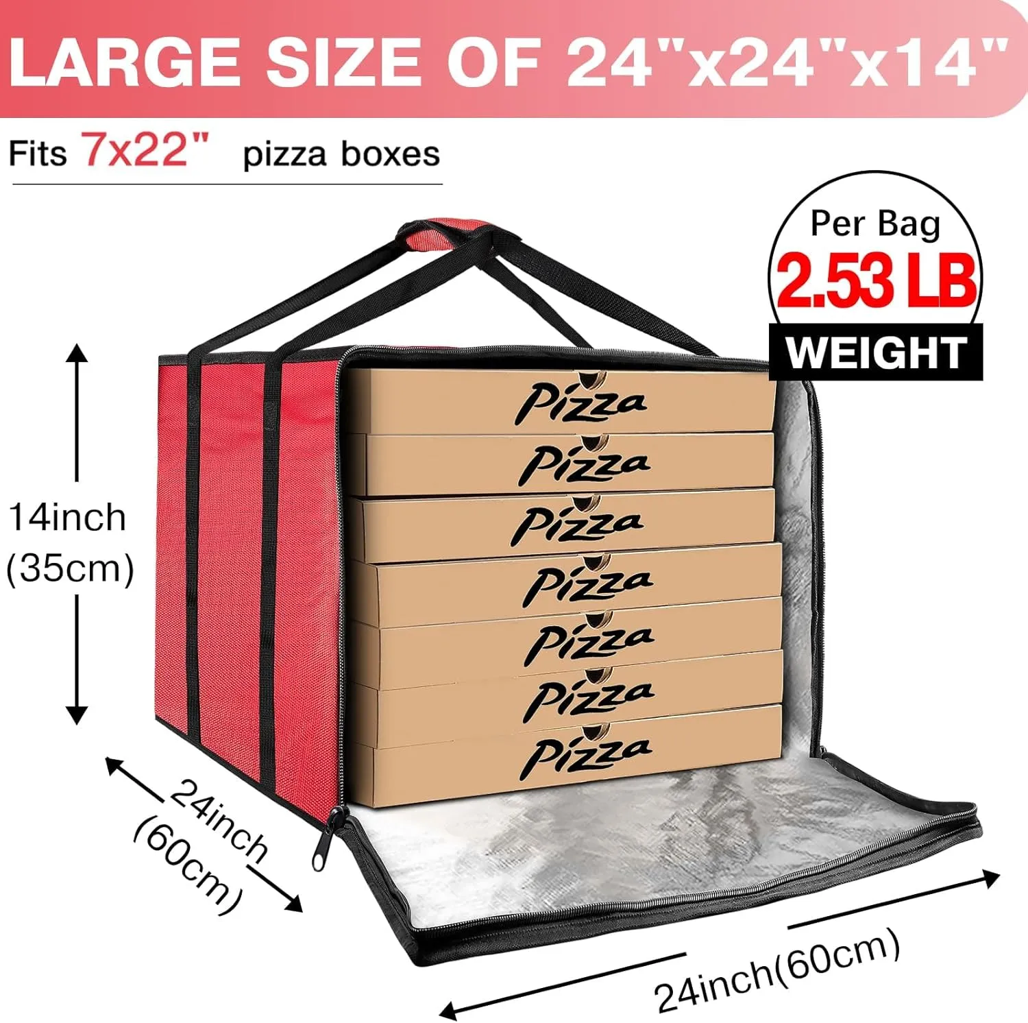 Pizza Delivery Bag Insulated 24"x 24" x14", Large Red Pizza Warmer Bag for Food Delivery, Pizza Carrier Insulated Bags Keep Your Pizza Hot and Fresh, Perfect for Deliveries and Personal Use