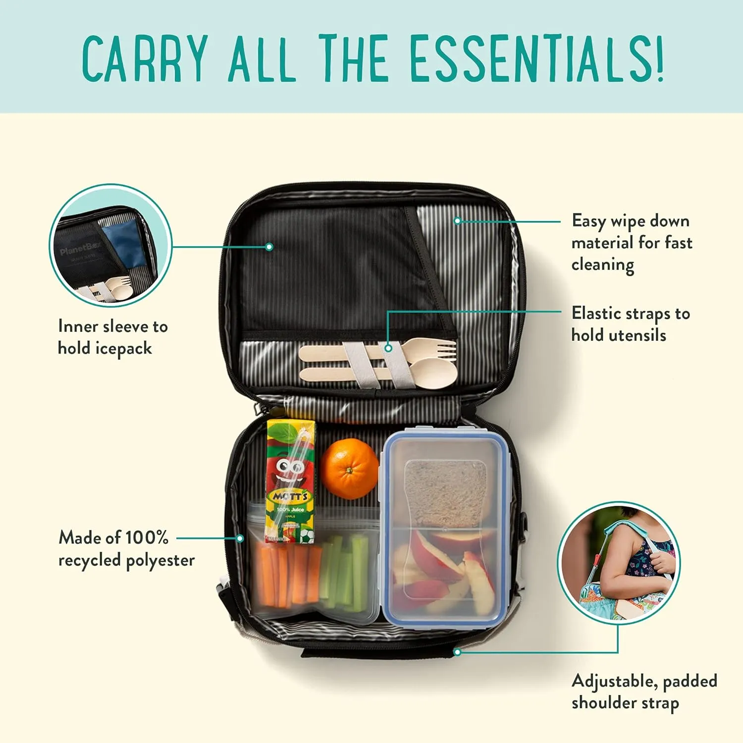 PlanetBox Insulated Lunch Bag Easy to clean and Durable Carry Bag with Pockets for Snacks and Drinks, and adjustable straps Black Currant