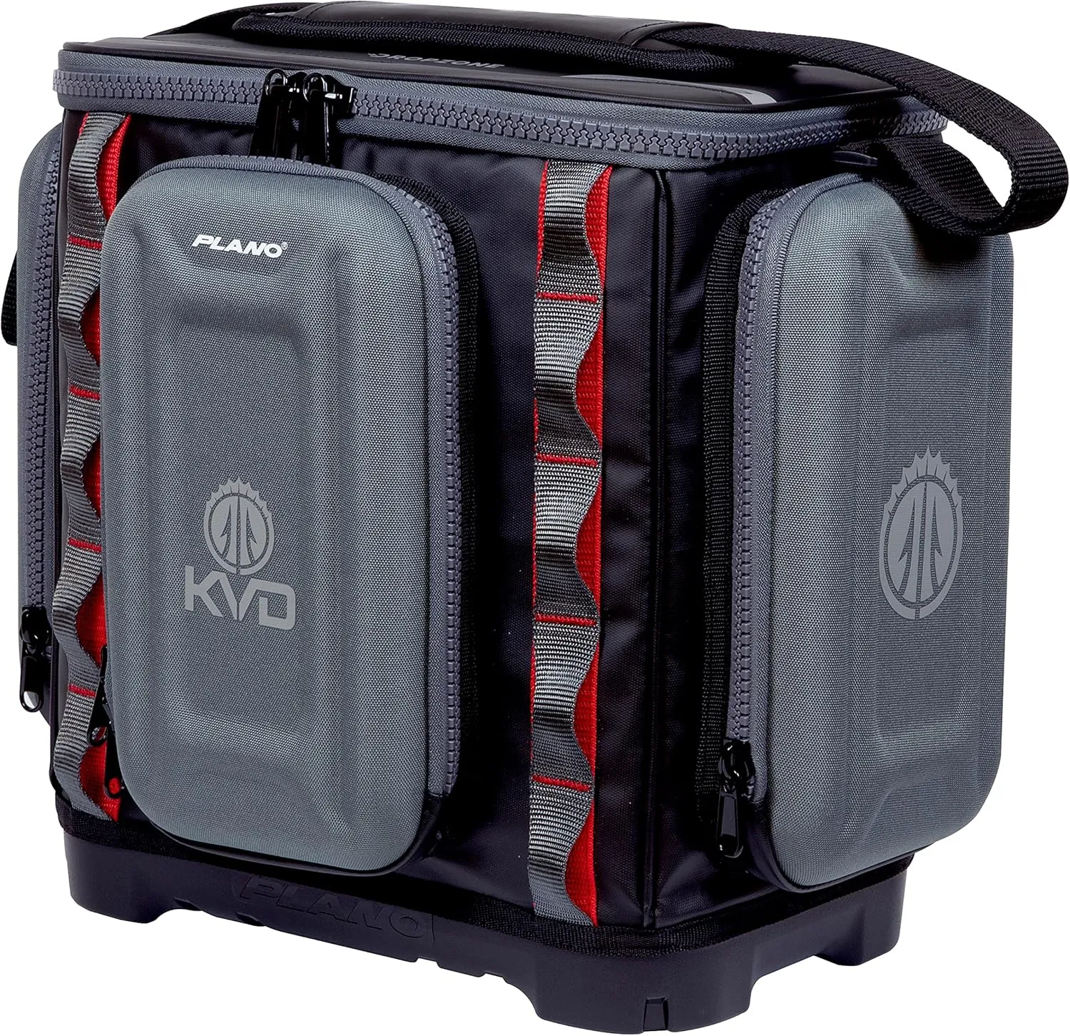 Plano KVD 3600 Signature Series Tackle Bag, Black with Red Stitching, Includes 3 Stowaway Utility Boxes, Customizable Fishing Storage, Water-Resistant TPE Coated Fabric