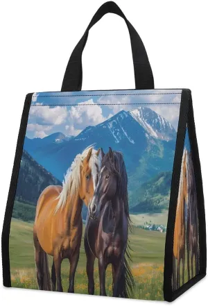 Playful Horses In The Valley Lunch Bag for Adults Reusable Insulated Lunch Box Cooler Lunch Tote Bag for Work Travel Picnic