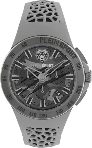 Plein Sport Thunderstorm Chrono Collection Luxury Mens Watch Timepieces with a Grey Strap Featuring a Gun Case and a Camo Dial