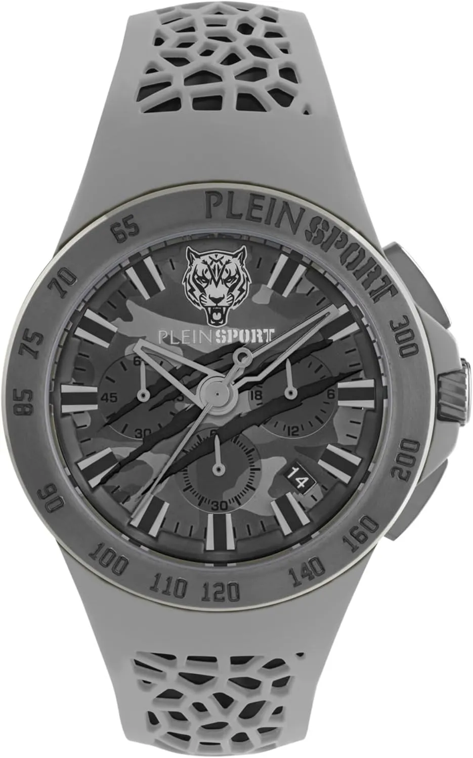 Plein Sport Thunderstorm Chrono Collection Luxury Mens Watch Timepieces with a Grey Strap Featuring a Gun Case and a Camo Dial