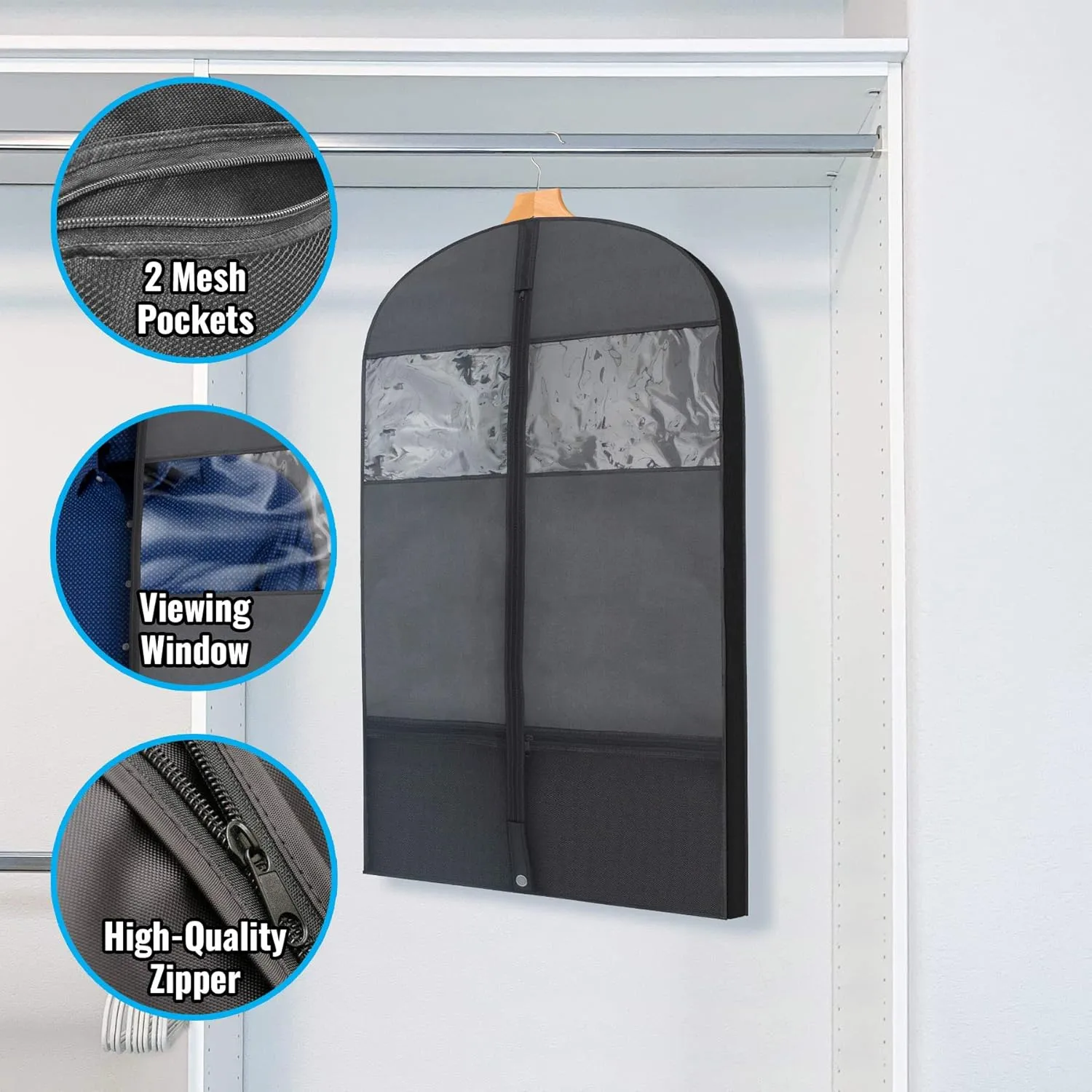 Plixio 43" Black Garment Bags for Travel or Hanging Clothes Storage - Suit Bags Carriers Covers for Men & Women - Dresses, Shirts, Fur Coats, Jackets - Zippered Breathable Gusset Clothing Storage Bags