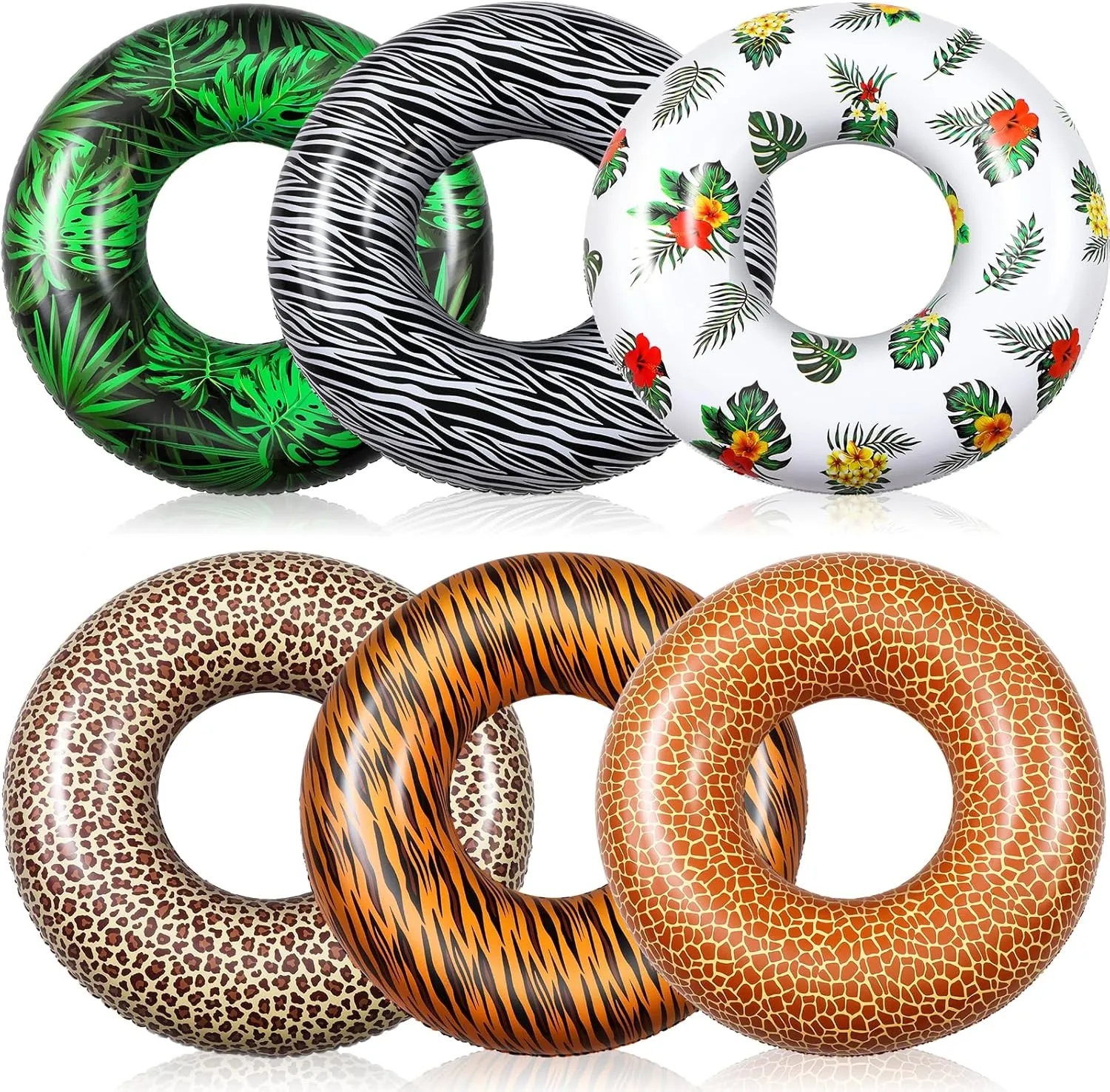 Poen 12 Pcs Inflatable Pool Float Tubes 32 Inches Large Swimming Rings for Adults Animal Patterns and Tropical Leaves Swimming Tube Floaties Toys for Beach Vacation Summer Holiday Party Supplies