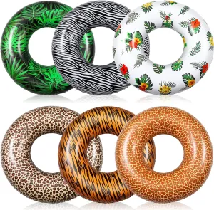 Poen 12 Pcs Inflatable Pool Float Tubes 32 Inches Large Swimming Rings for Adults Animal Patterns and Tropical Leaves Swimming Tube Floaties Toys for Beach Vacation Summer Holiday Party Supplies