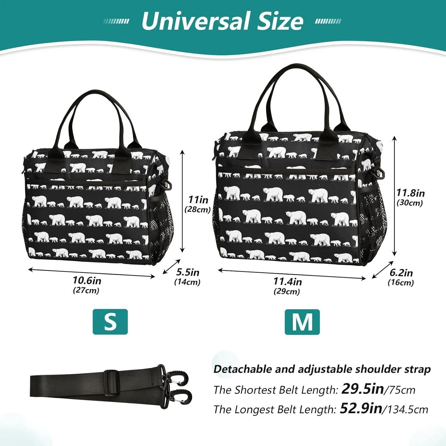 Polar Bear Pattern Lunch Bag Reusable Lunch Box for Office Picnic Hiking Beach, Insulated Cooler Tote Food Container with Adjustable Shoulder Strap for Men Women Adults