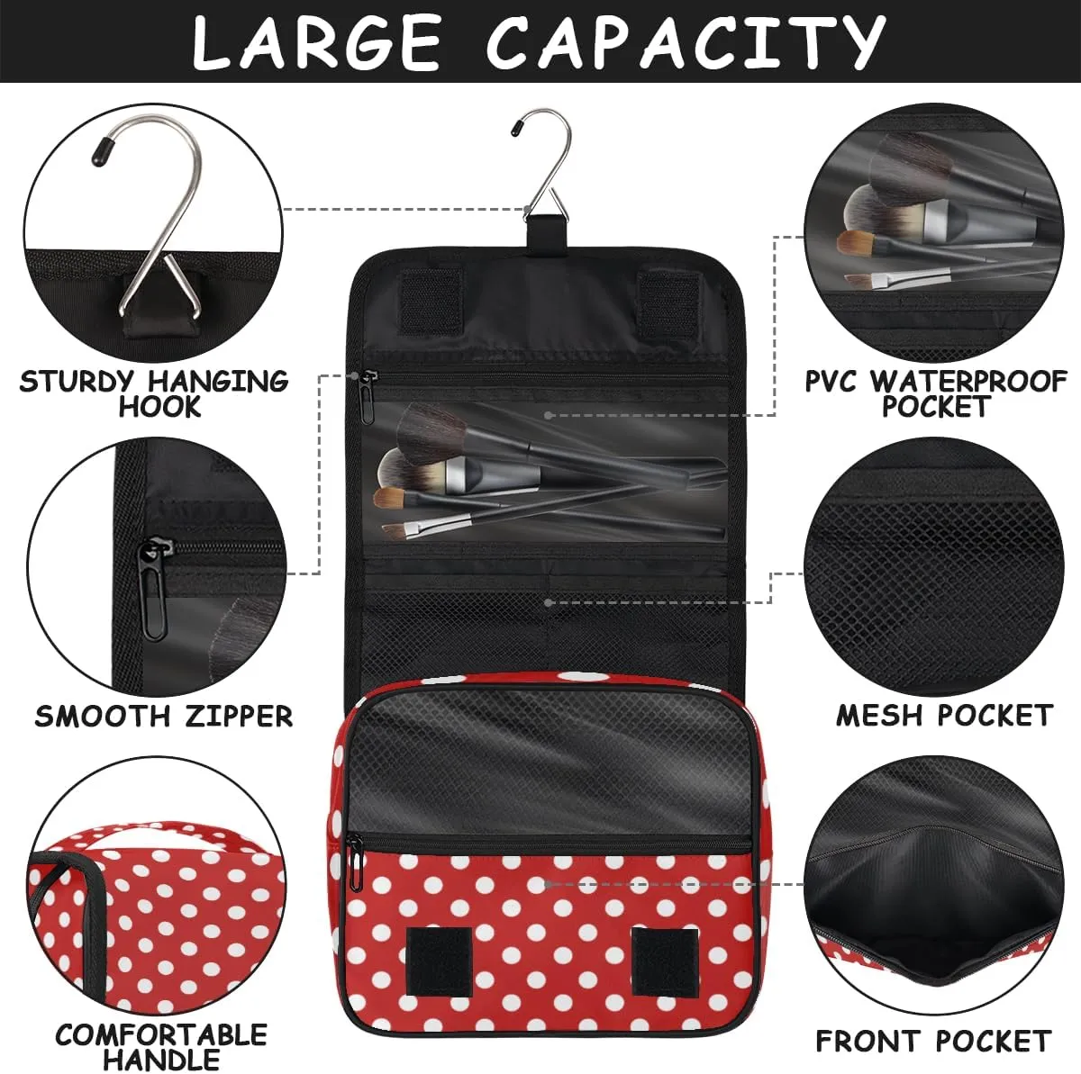 Polka Dot Makeup Bag Travel Cosmetic Bag with Zipper Pocket and Handle Travel Makeup Organizer Bag Water-resistant Toiletry Bags for Traveling Women Men Ladies Girls