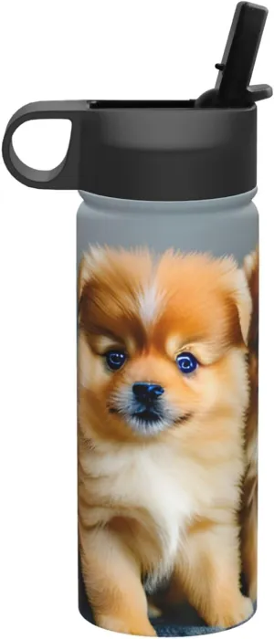 Pomeranians Puppies Print Flask Stainless Steel Water Bottle with Straw 18OZ FOR Outdoor Gym Commute