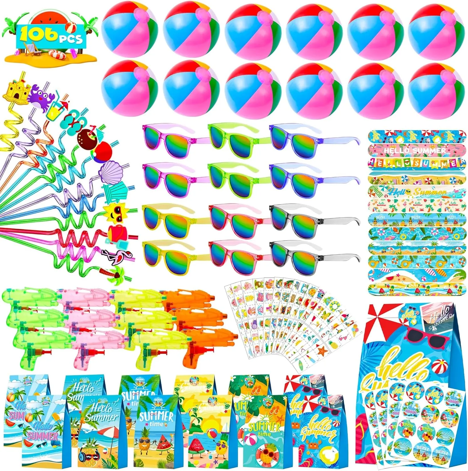 Pool Beach Party Favors, 106 PCS Summer Party Supplies Pool Beach Toys for Kids 4-8 Birthday Party, Summer Party Bag Stuffers Include Beach Balls, Kids Sunglasses Bulk, and More