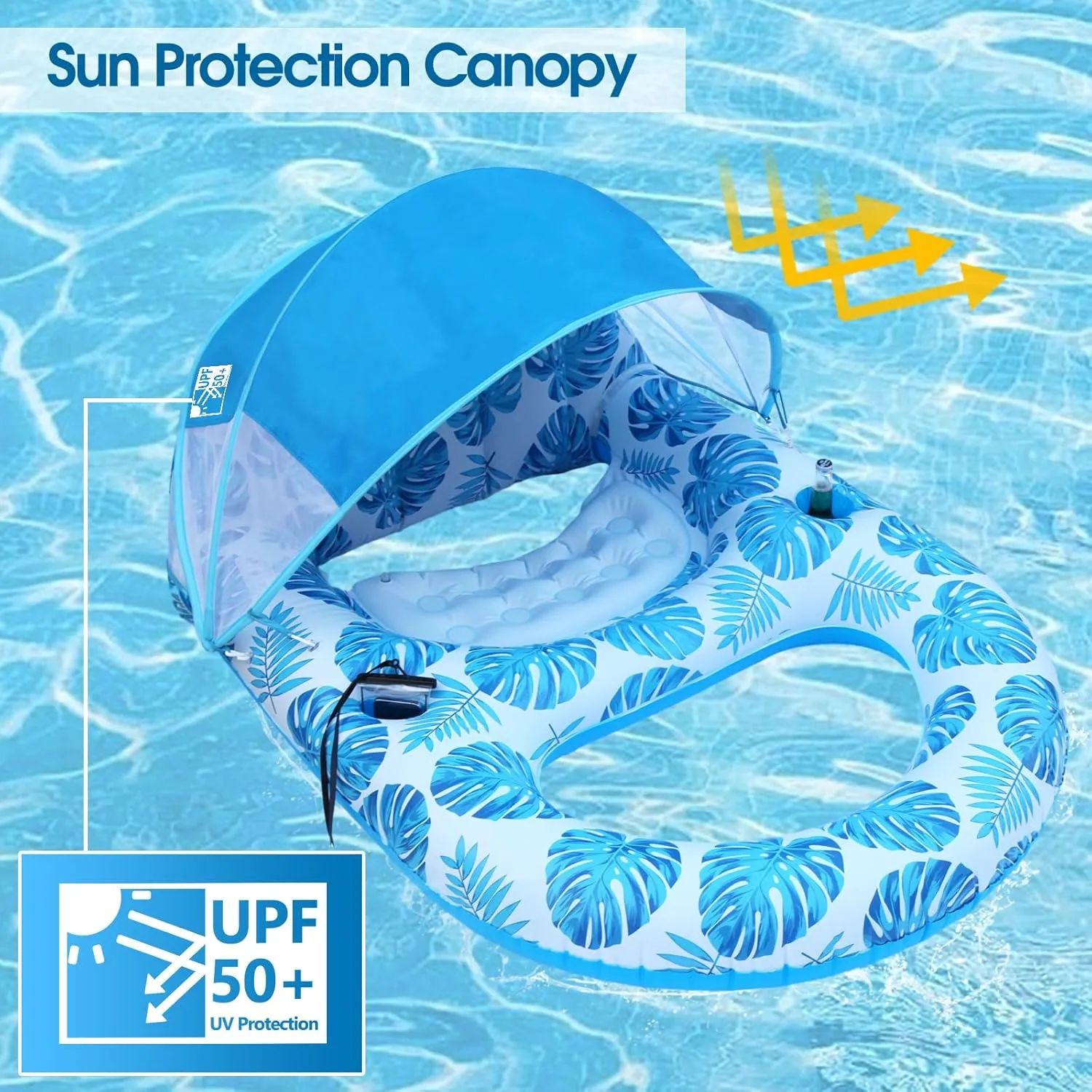 Pool Lounge Float with Canopy UPF50 ,Extra Large Pool Floats for Adults Heavy Duty,Inflatable Lounger Float with Cup Holder & Backrest,Footrest