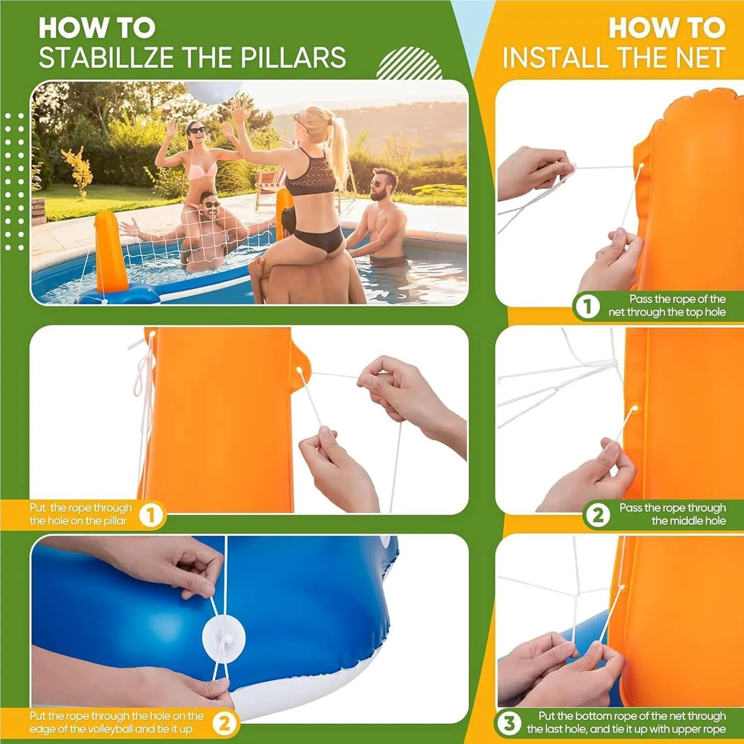 Pool Volleyball Net, Pool Volleyball Set for Inground with Water Ball and Ball Pump, 2025 Swimming Pool Games for Adults, Perfect for Floating Pool Party Toys Games (115" x30’’x38’’)
