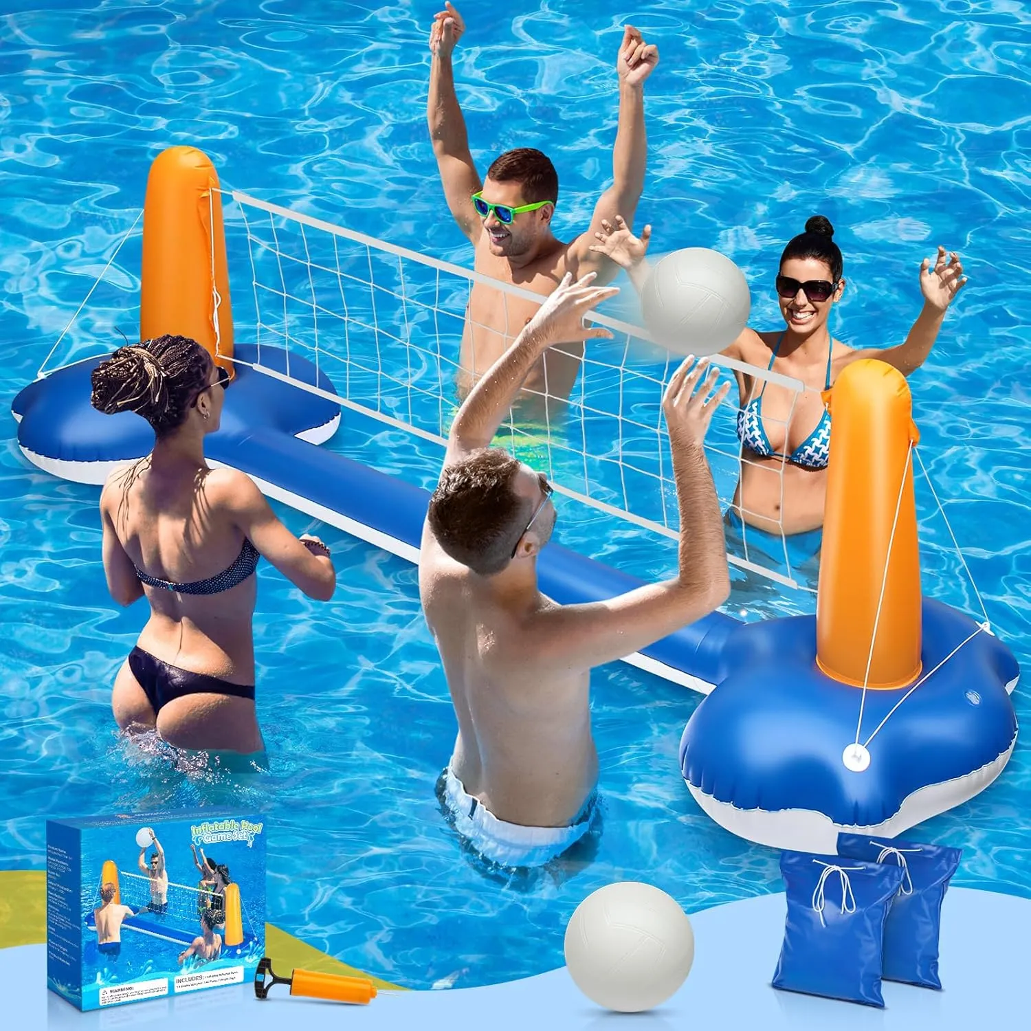 Pool Volleyball Net, Pool Volleyball Set for Inground with Water Ball and Ball Pump, 2025 Swimming Pool Games for Adults, Perfect for Floating Pool Party Toys Games (115" x30’’x38’’)
