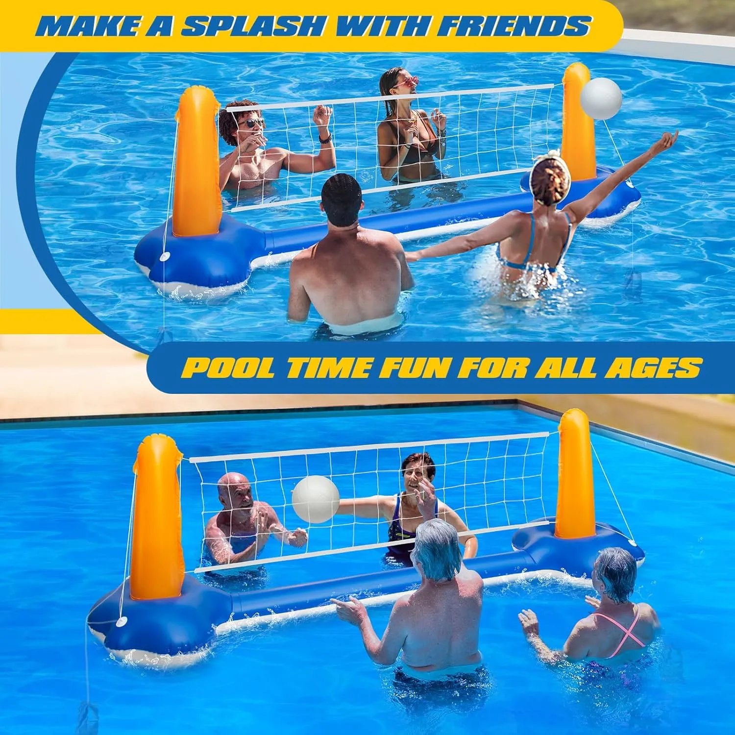 Pool Volleyball Net, Pool Volleyball Set for Inground with Water Ball and Ball Pump, 2025 Swimming Pool Games for Adults, Perfect for Floating Pool Party Toys Games (115" x30’’x38’’)
