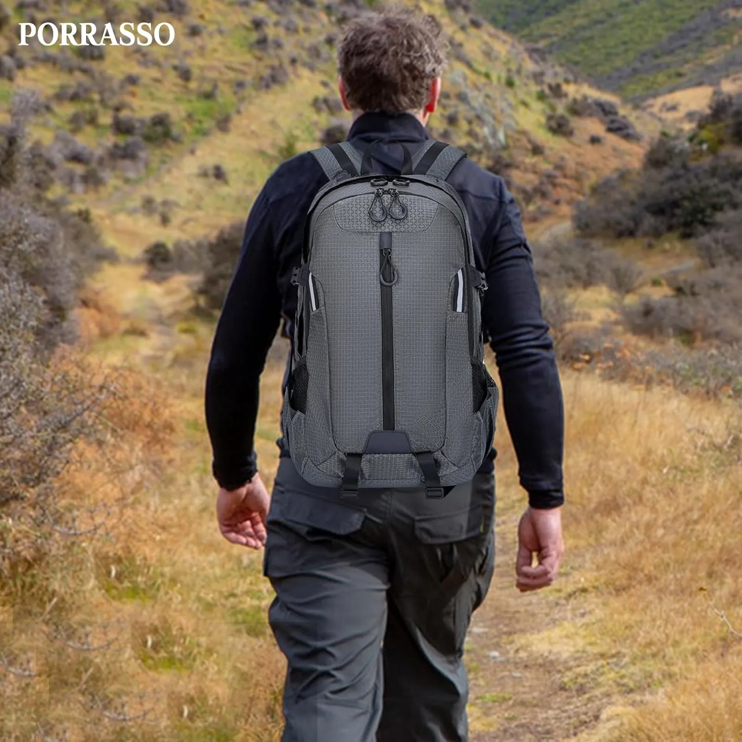 PORRASSO 40L Hiking Backpack Trekking Rucksack Waterproof Daypack Durable Backpack for Women Men Travel Climbing Outdoor Sports Grey