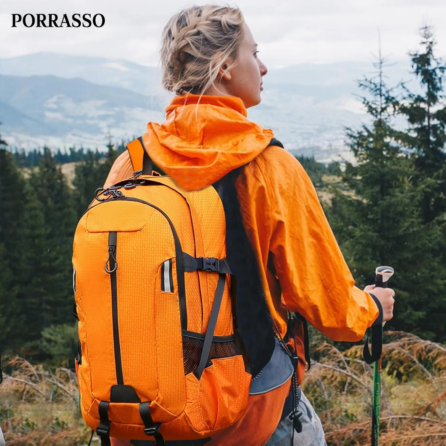 PORRASSO 40L Hiking Backpack Trekking Rucksack Waterproof Daypack Durable Backpack for Women Men Travel Climbing Outdoor Sports Orange