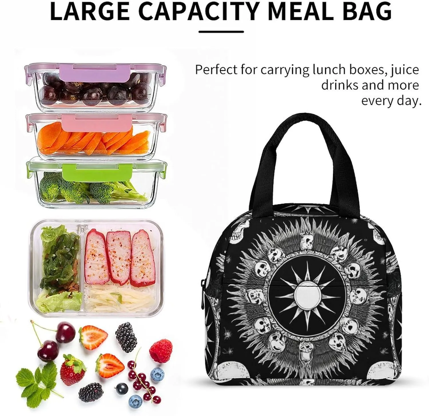 Portable Food Handbag, Adults Halloween Goth Gothic Raven Crow Skull Sun Moon Tattoos Insulated Lunch Tote to Keep Warm, Soft Lightweight Lunch Bag Water-resistant Meal Bags