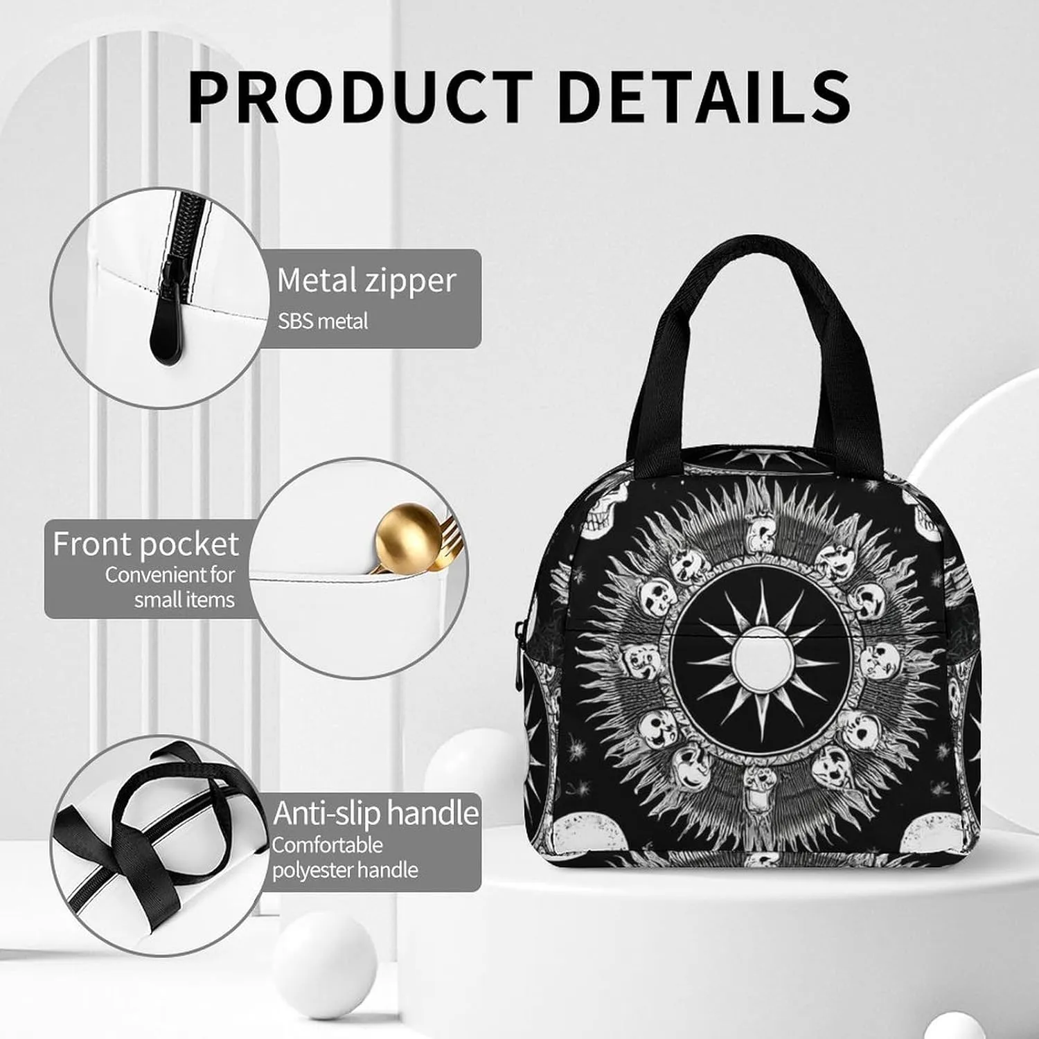 Portable Food Handbag, Adults Halloween Goth Gothic Raven Crow Skull Sun Moon Tattoos Insulated Lunch Tote to Keep Warm, Soft Lightweight Lunch Bag Water-resistant Meal Bags