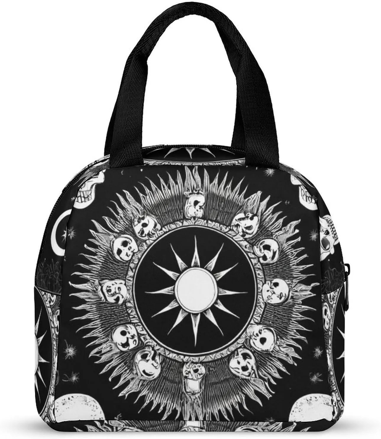 Portable Food Handbag, Adults Halloween Goth Gothic Raven Crow Skull Sun Moon Tattoos Insulated Lunch Tote to Keep Warm, Soft Lightweight Lunch Bag Water-resistant Meal Bags