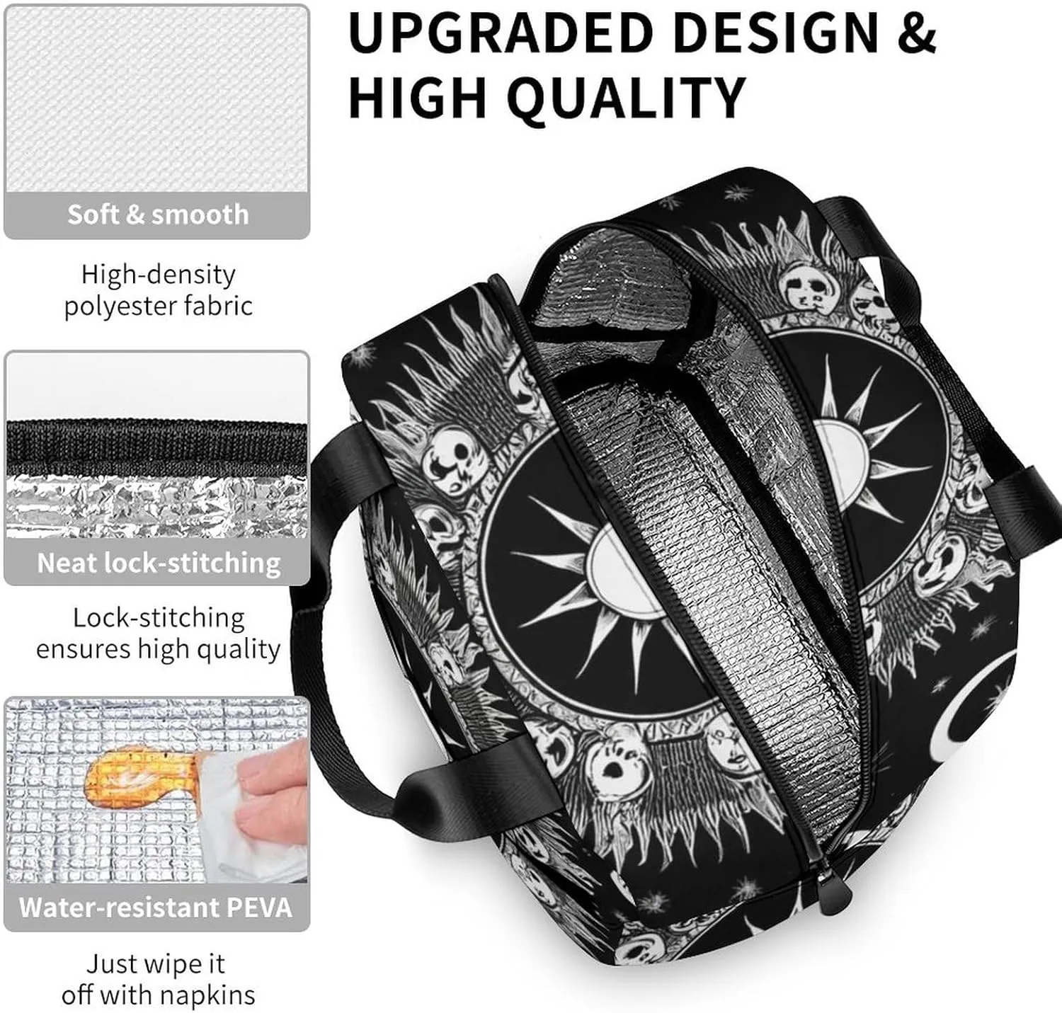 Portable Food Handbag, Adults Halloween Goth Gothic Raven Crow Skull Sun Moon Tattoos Insulated Lunch Tote to Keep Warm, Soft Lightweight Lunch Bag Water-resistant Meal Bags