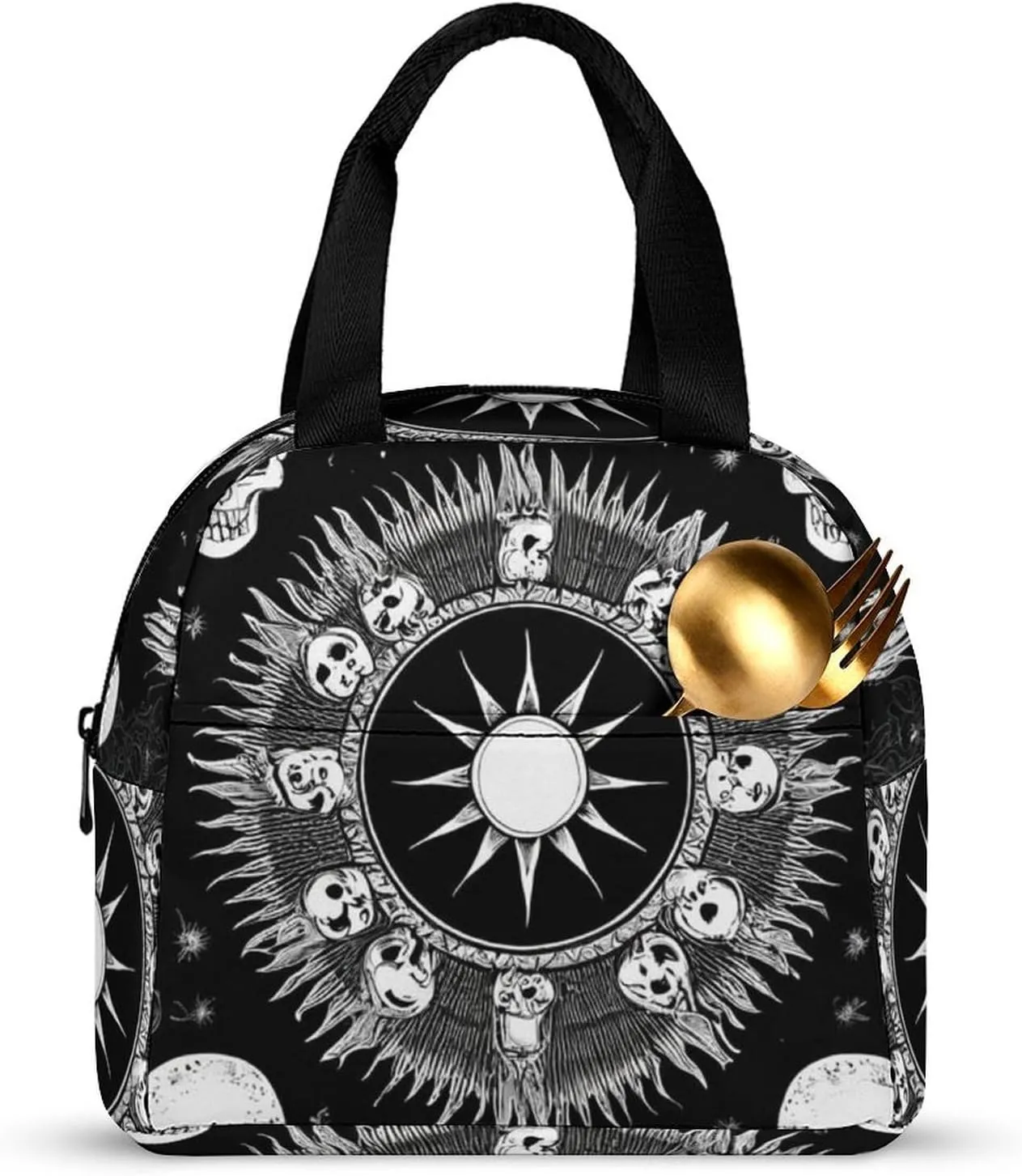 Portable Food Handbag, Adults Halloween Goth Gothic Raven Crow Skull Sun Moon Tattoos Insulated Lunch Tote to Keep Warm, Soft Lightweight Lunch Bag Water-resistant Meal Bags