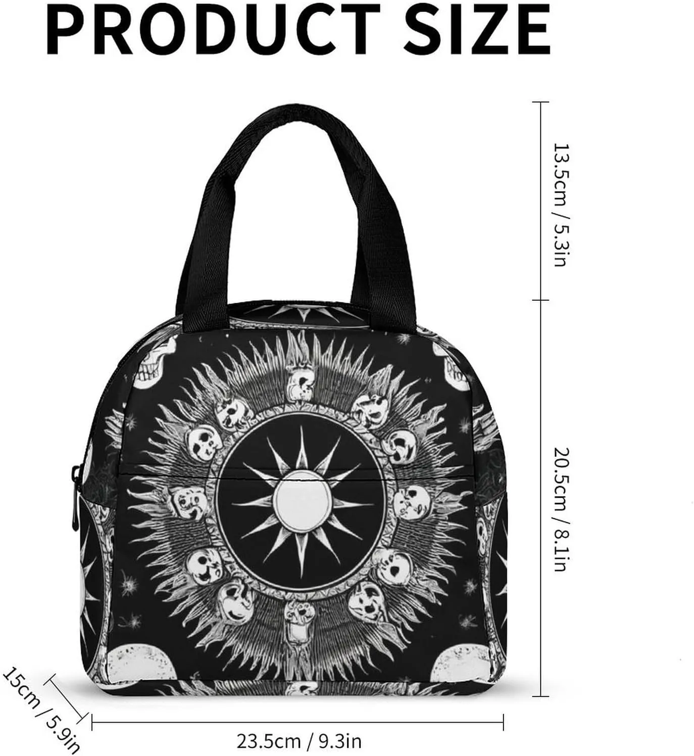 Portable Food Handbag, Adults Halloween Goth Gothic Raven Crow Skull Sun Moon Tattoos Insulated Lunch Tote to Keep Warm, Soft Lightweight Lunch Bag Water-resistant Meal Bags