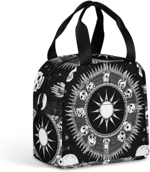 Portable Food Handbag, Adults Halloween Goth Gothic Raven Crow Skull Sun Moon Tattoos Insulated Lunch Tote to Keep Warm, Soft Lightweight Lunch Bag Water-resistant Meal Bags