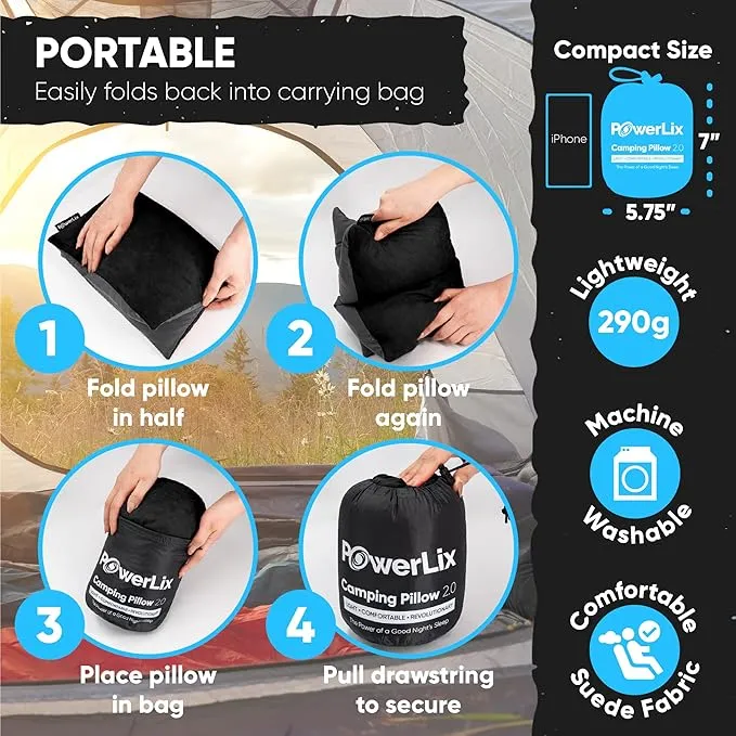 POWERLIX Camping Pillow - Memory Foam Washable/Inflatable Camp Pillow for Backpacking Hiking Camping Picnic,Travel Pillow for Airplanes,Compressible Backpacking Pillow,Machine Washable Cover