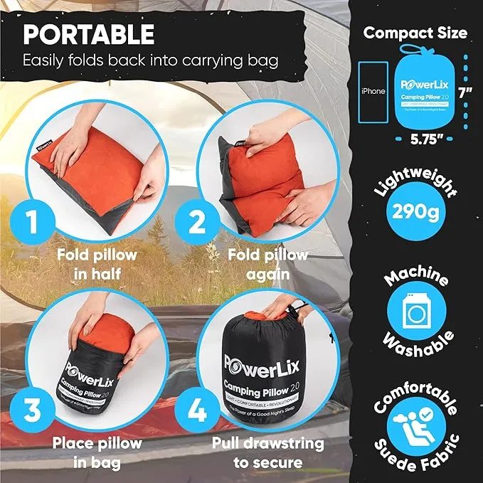 POWERLIX Camping Pillow - Memory Foam Washable/Inflatable Camp Pillow for Backpacking Hiking Camping Picnic,Travel Pillow for Airplanes,Compressible Backpacking Pillow,Machine Washable Cover