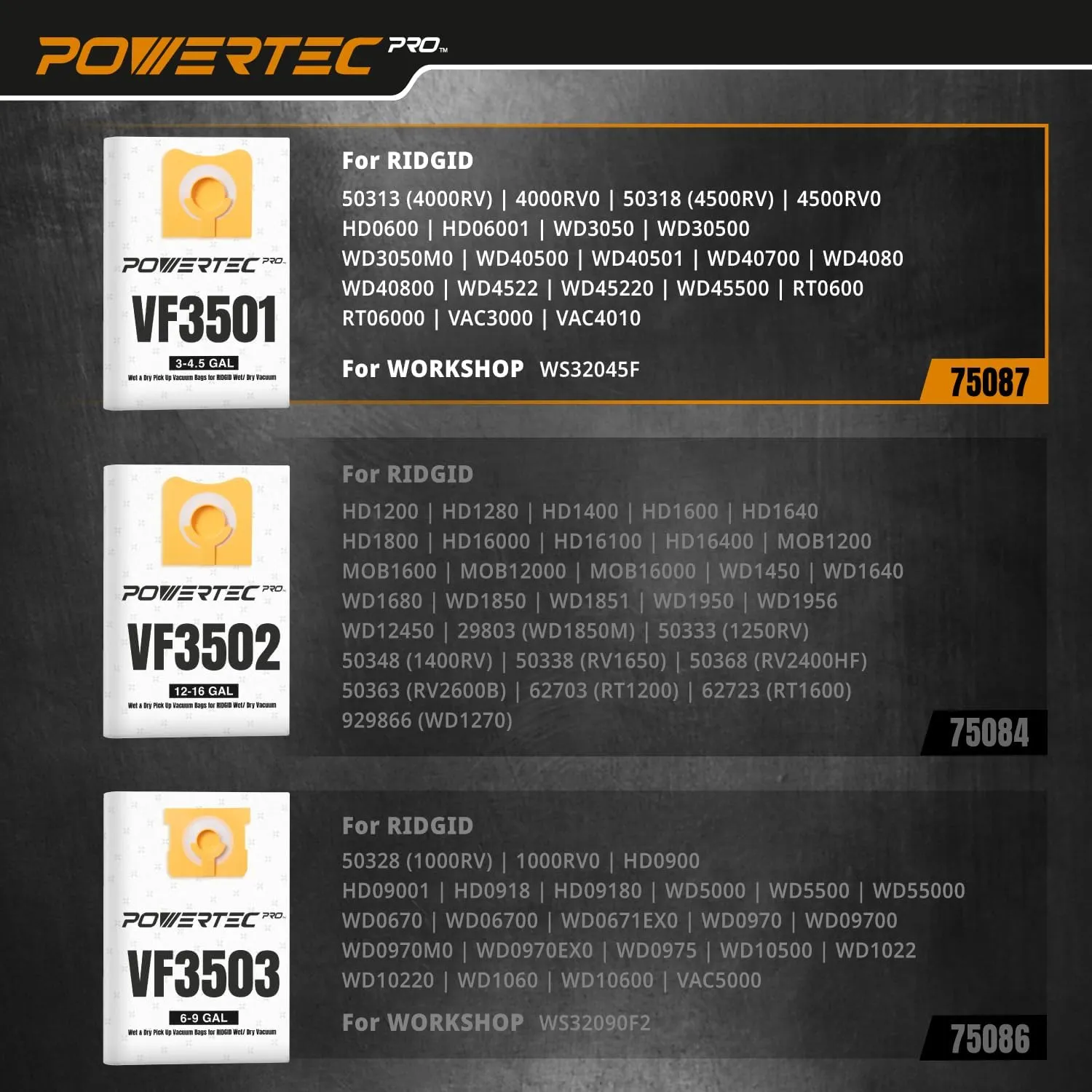 POWERTEC PRO VF3501 Size C Wet Pickup Shop Vac Bags for Ridgid 10 Pack, 3-4.5 Gal. Wet or Dry Dust and Debris Collection Dust Bags for Ridgid 4000RV, WD40700 Wet Dry Vacuums (75087-P2)